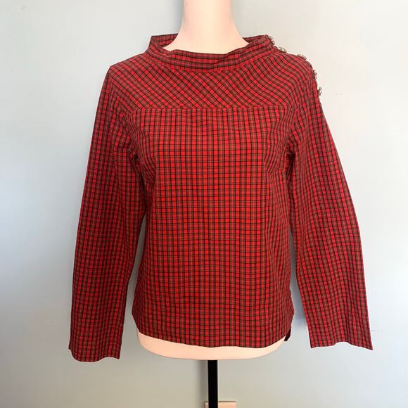 J. Crew Plaid Funnel Neck Shirt with Jeweled Buttons Size 0 - Picture 2 of 9